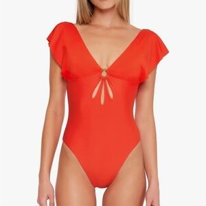 NWT Trina Turk Coral Monaco flutter sleeve one piece plunge Swimsuit
